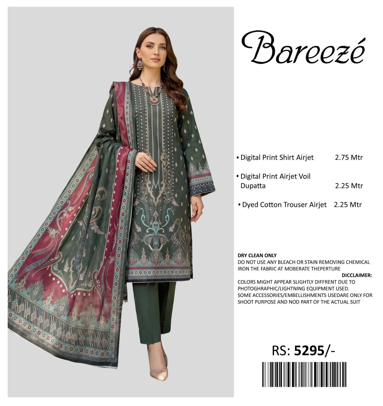 BAREEZE PRINTED LAWN UNSTITCHED 3PIECE