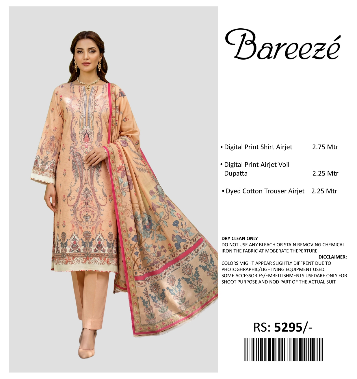 BAREEZE PRINTED LAWN UNSTITCHED 3PIECE