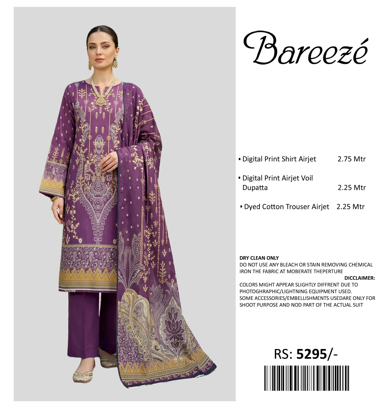 BAREEZE PRINTED LAWN UNSTITCHED 3PIECE