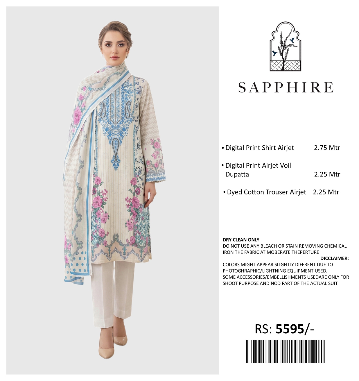 SAPPHIRE PRINTED LAWN UNSTITCHED 3PIECE